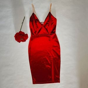 Deep V Neck Midi Dress - Red